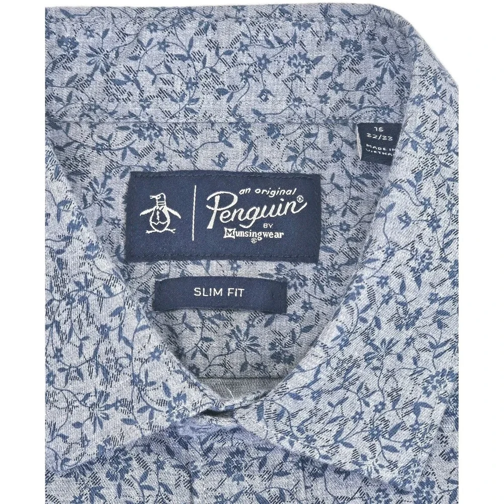 Original Penguin Slim Fit Mens 16 32/33 Blue Floral Design Button Up Dress Shirt